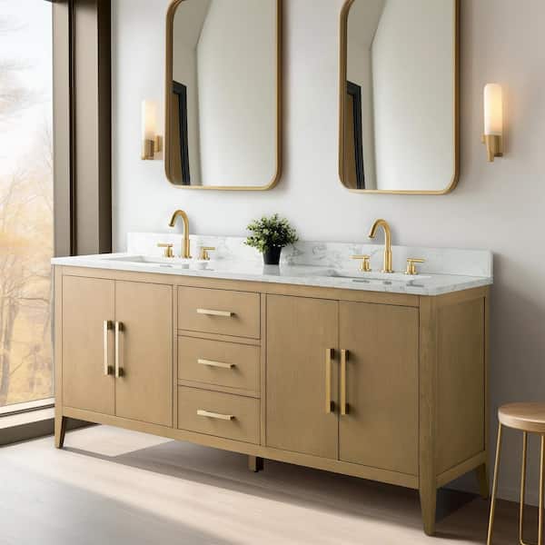 Vanity Art 72 in. W x 22 in. D x 34 in. H Double-Sink Bathroom Vanity in Natural Oak with Engineered Marble Top in Arabescato White