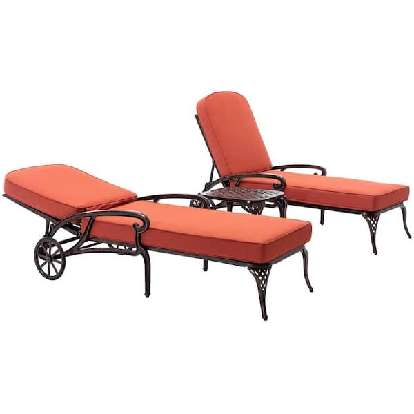 DESwan Messer Bronze 3-Piece Aluminum Outdoor Chaise Lounge with Orange Cushions and Table