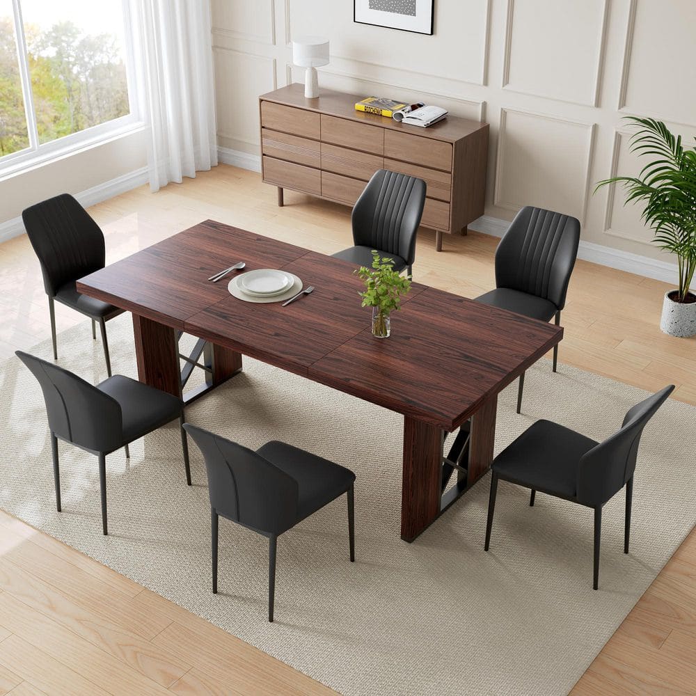 7-Pieces Rectangular Walnut MDF Top Dining Table Set Seating 6 People(Walnut Table+6 Black Chairs)