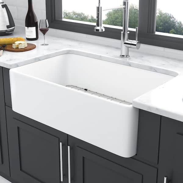 33 in. Farmhouse Single Bowl White Ceramic Kitchen Sink with Bottom Grids