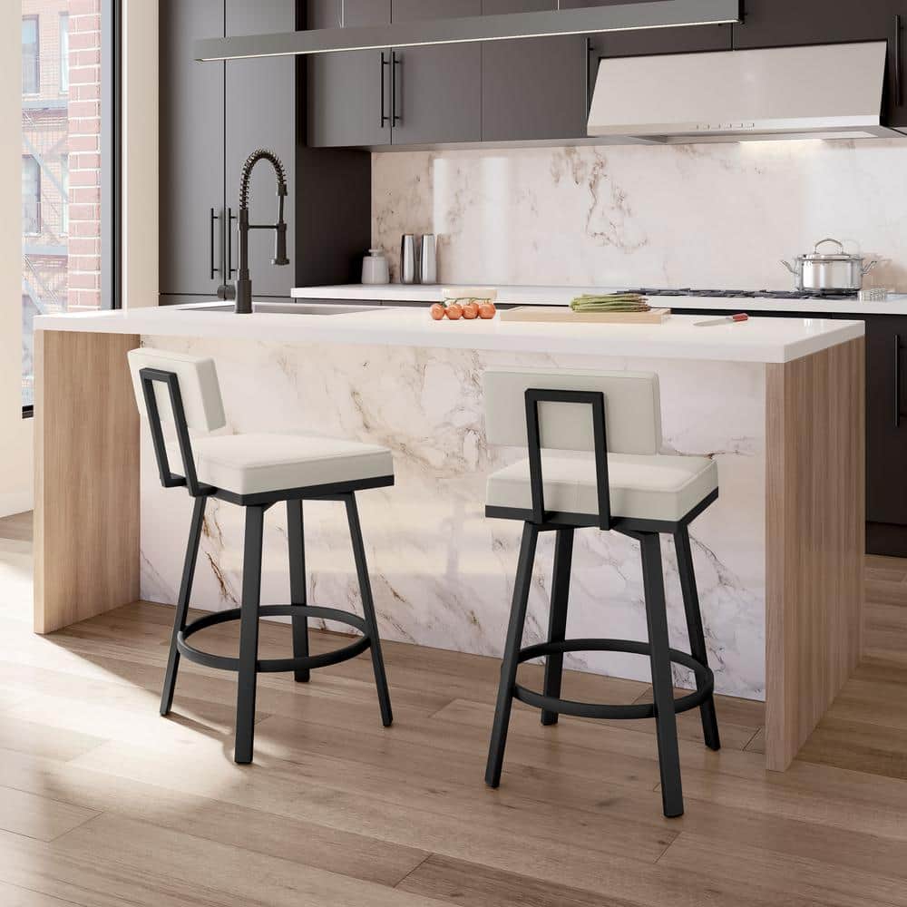 Staten Off White Faux Leather Swivel Counter Stool with Black Metal Frame