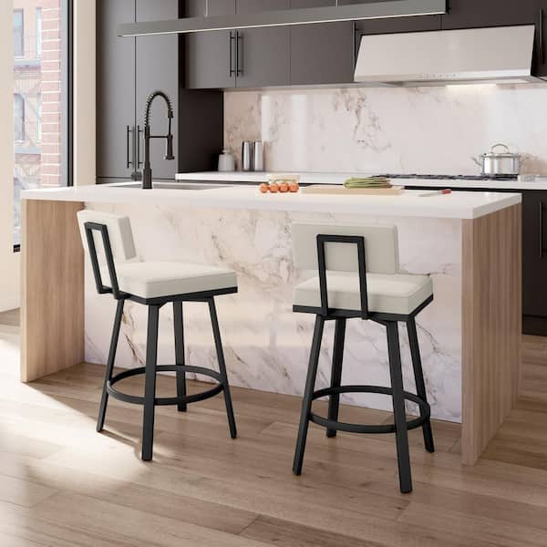 Staten 26 in. Off White Faux Leather/Black Metal Counter Stool