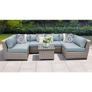 Florence 7-Piece Wicker Outdoor Patio Conversation Sectional Seating Group with Spa Blue Cushions