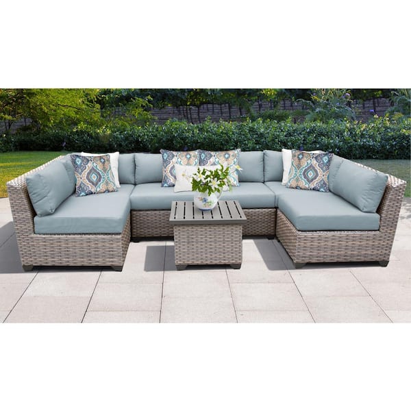 TK CLASSICS Florence 7-Piece Wicker Outdoor Patio Conversation Sectional Seating Group with Spa Blue Cushions
