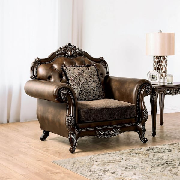 Grant Dark Cherry and Brown Faux Leather Accent Chair with Rolled Arm and Button Tufted Back