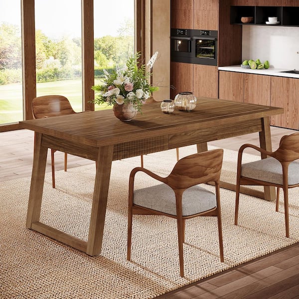 Moronia Walnut Brown Wood 55 in. Trestle Dining Table Seats 6, Mid-Century Dinner Kitchen Table with Solid Wood Legs