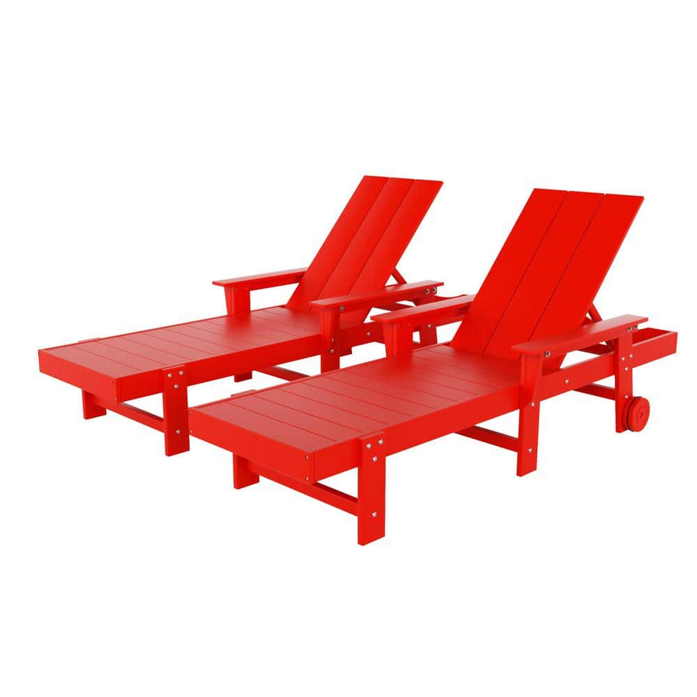 Red Poly All-Weather Chaise Lounge Set with Arms and Wheels