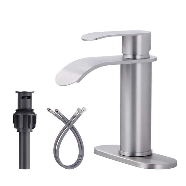 4 in. Centerset Single Handle High Arc Waterfall Bathroom Faucet with Pop Up Drain and Supply Lines in Brushed Nickel