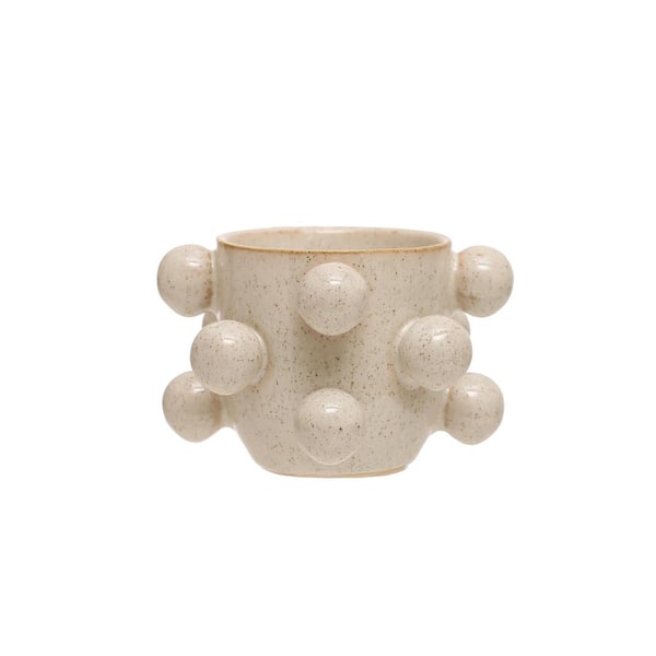 Storied Home 4.25 in. L x 4.37 in. W x 2.75 in H 1 qt. Reactive Glaze Cream Color Speckled Stone Decorative Pots with Orbs