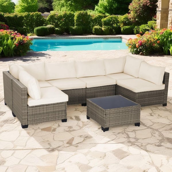 JOYRACER Gray 7-Piece Wicker Rattan Patio Outdoor Sectional Set with Beige Cushions, Coffee Table, Conversation Sofa for Garden