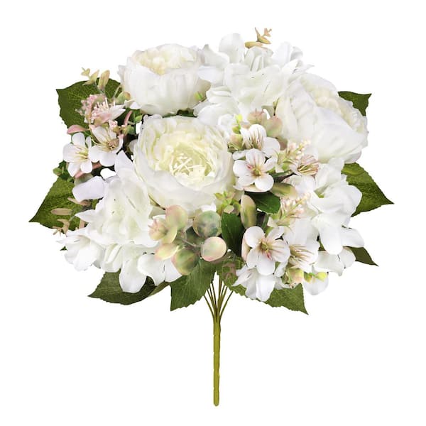 LIVING LUXURY 17 in. Cream White Artificial Mixed Peony Hydrangea Blossom Flower Stem Bush Bouquet (Set of 2)