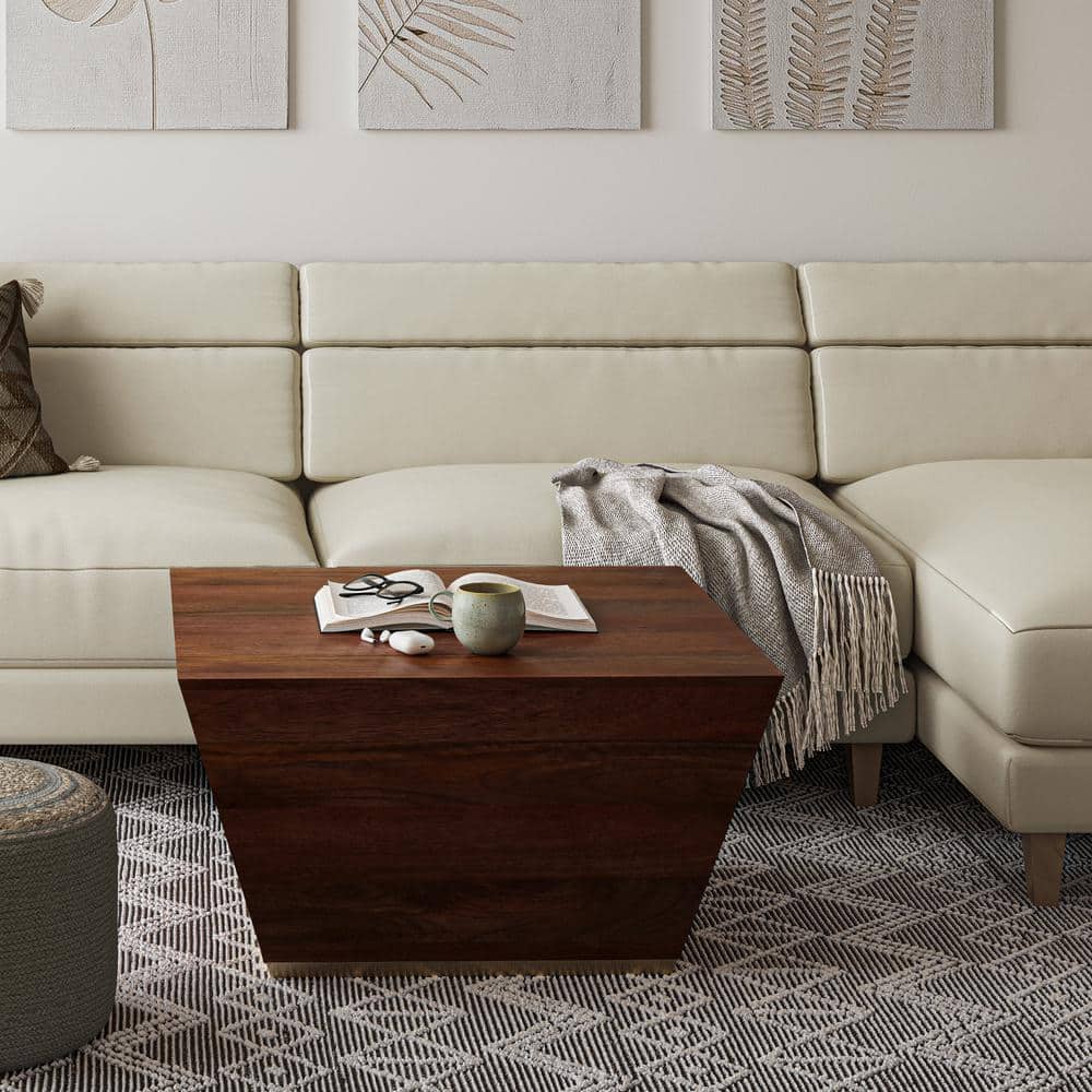 Cognac Brown Solid Mango Wood Square Coffee Table with Brass Trim