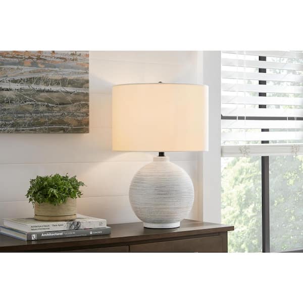 Hampton Bay Linsbury White Ceramic 22.5 in. Indoor Table Lamp with White Fabric Shade