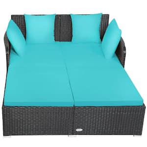 Outdoor Rattan Wicker Daybed Thick Pillows Lounge Chair with Turquoise Cushion