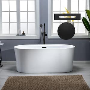 59 in. Acrylic Flatbottom Double Ended Air Bath Bathtub with Matte Black Overflow and Drain Included in White