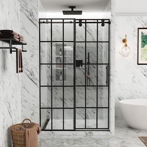 48 in. W x 76 in. H Sliding Frameless Shower Door in Matte Black with Tempering Grid Glass (Right Side Opening)