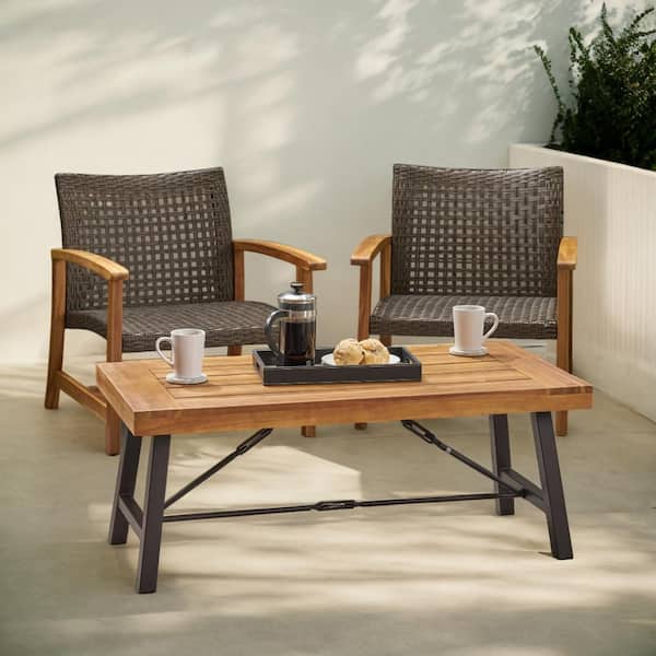 Outdoor Acacia Wood Coffee Table, Teak Finish/Rustic Metal Brown and Black, 27.25 in. D x 45.75 in. W x 18 in. H