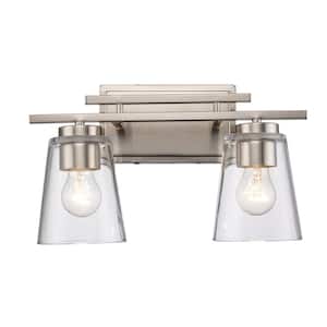 Iris 14.75 in. 2-Light Brushed Nickel Bathroom Vanity Light Fixture with Clear Glass Shades