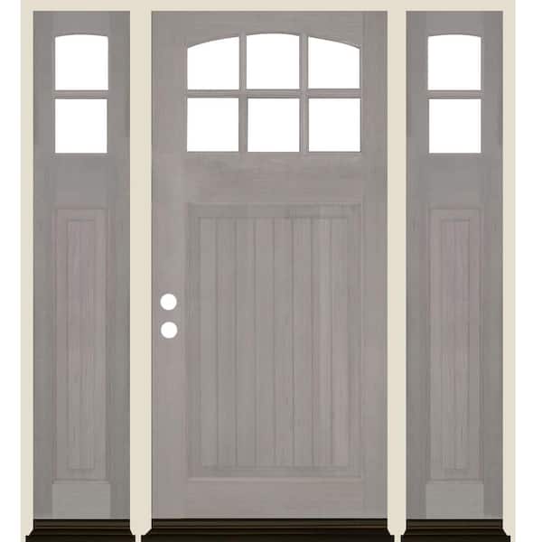 Krosswood Doors 64 in. x 80 in. V-Groove Arched 6-Lite Clear Glass Grey Stain Right Hand Hemlock Prehung Front Door Double Sidelite