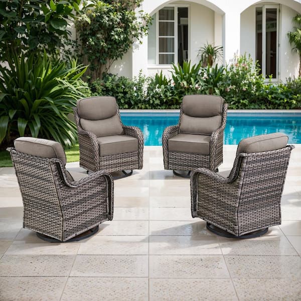 Pocassy 5 in. Thicken Outdoor Swivel Gray Wicker Outdoor Rocking Lounge Chair with CushionGuard Gray Cushions (Set 4-Pack)