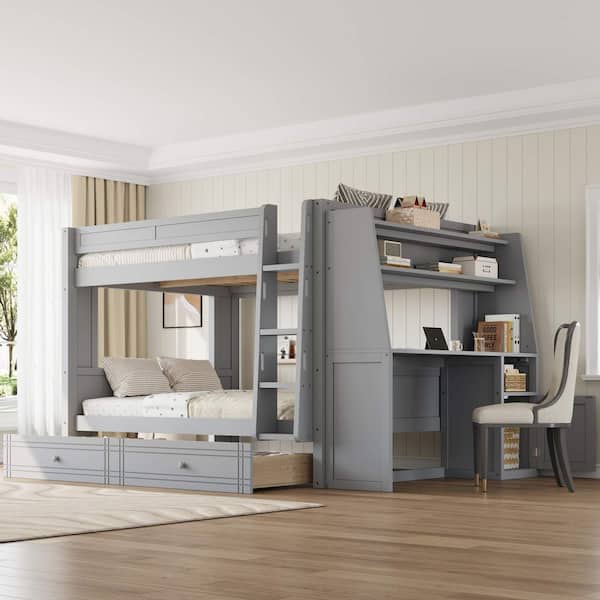 Gray-A Full Over Full Wood Bunk Bed with Desk and Bookshelves, Drawers