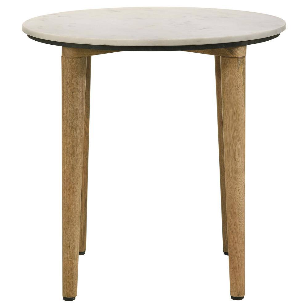 Round White Marble Top and Natural Wood End Table
