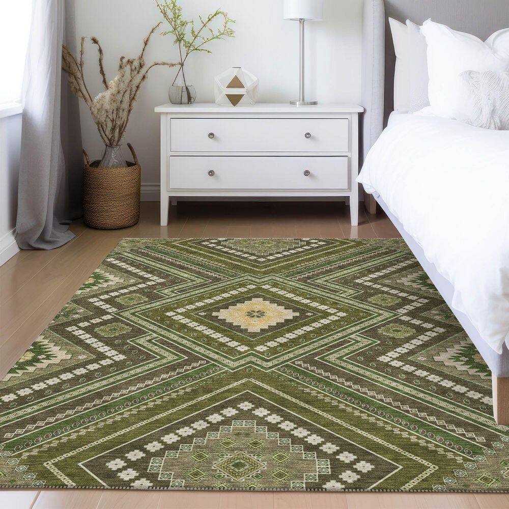 Olive and Beige Synthetic Washable Rectangular Rug