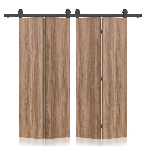 64 in. x 96 in. Hollow Core Walnut Composite Textured Double Bi-Fold Door with Sliding Barn Door Hardware Kit