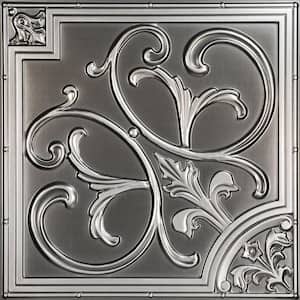 Lilies and Swirls 2 ft. x 2 ft. PVC Lay-in or Glue-up Ceiling Panel in Antique Silver (100 sq. ft. / case)