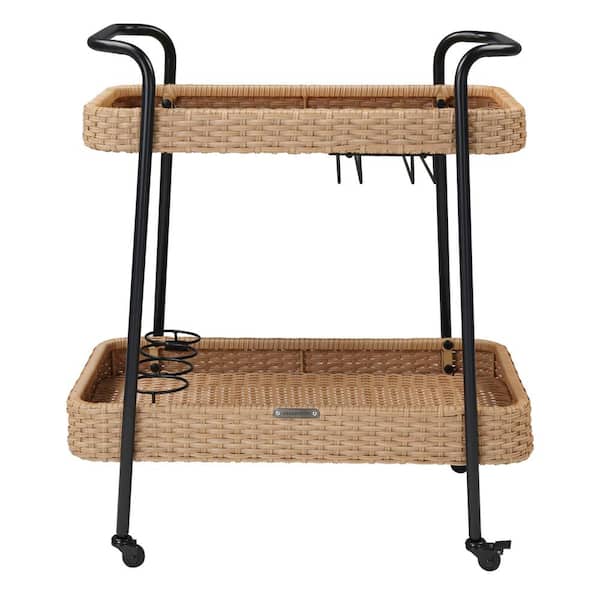 Wildaven Rectangle Metal & Wicker 27.75 in. x 16.75 in. x 31.5 in. Outdoor Side Table with Wheels