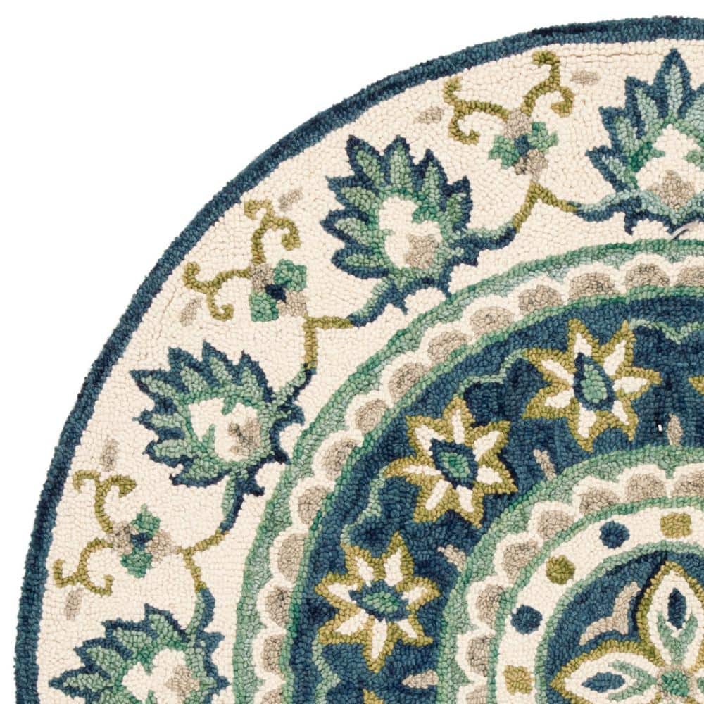 Handmade Ivory and Blue Round Wool Tufted Area Rug