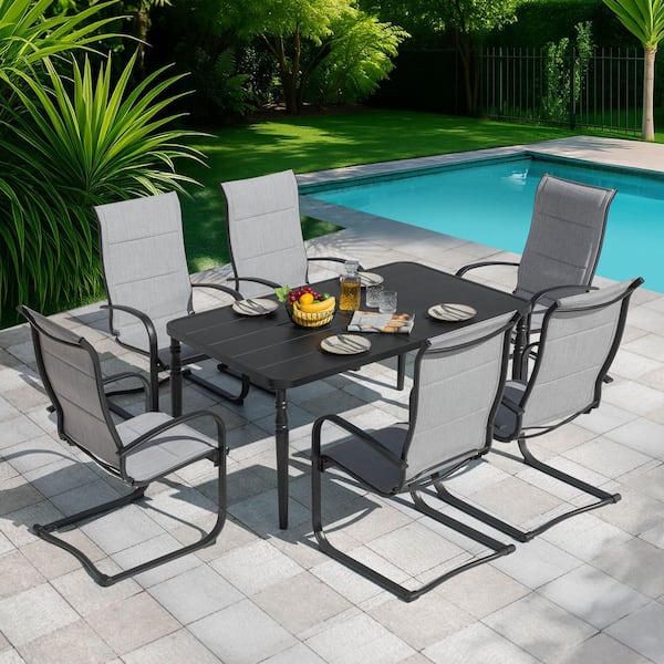 Black 7-Piece Metal Rectangle Outdoor Dining Set with 6 C-Spring Motion Padded Textilene Chairs and Umbrella Hole