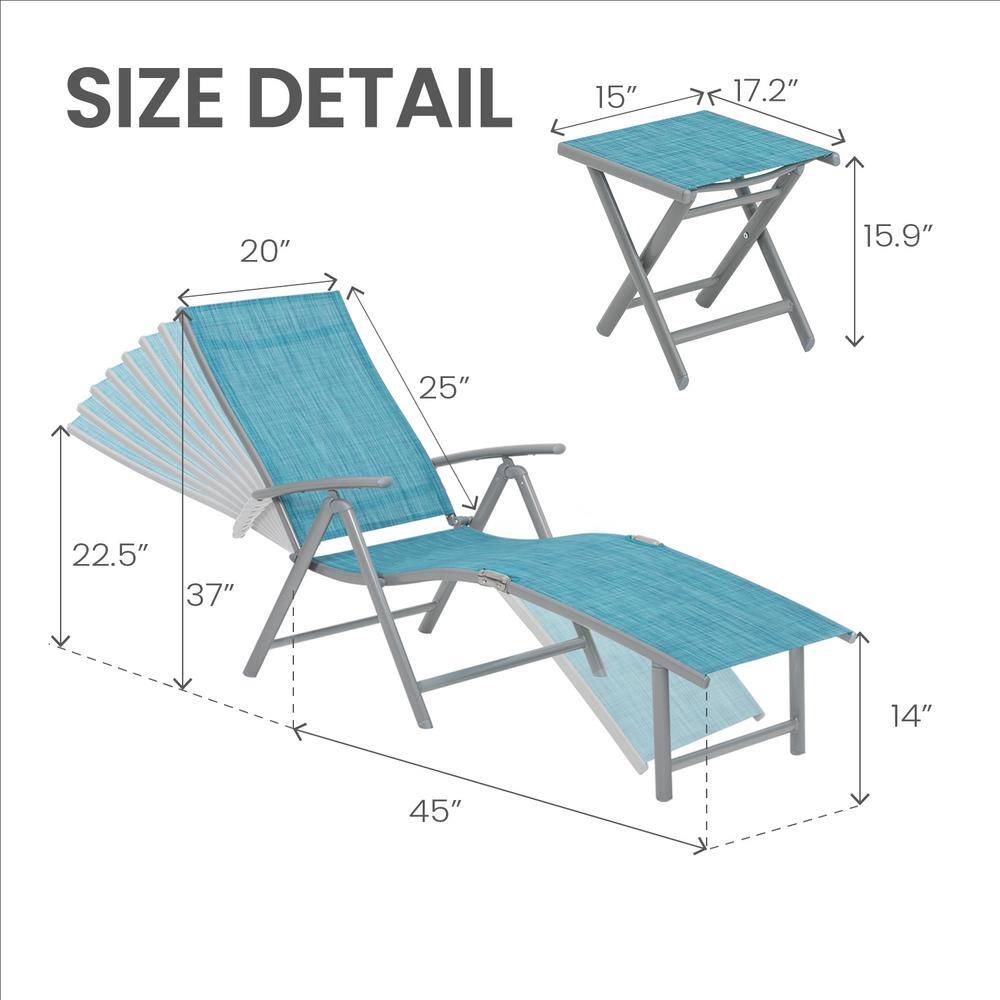 Blue Aluminum 2-Person Folding Chaise Lounge Set with Table