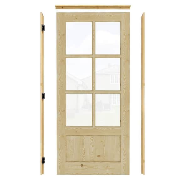 36 in. x 80 in. Left-Handed 6-Lite Clear Glass Unfinished Pine Wood Prehung Front Door with Quick Assemble Jamb