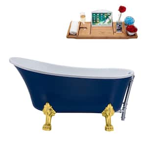 55 in. Acrylic Clawfoot Non-Whirlpool Bathtub in Matte Dark Blue With Polished Gold Clawfeet And Polished Chrome Drain