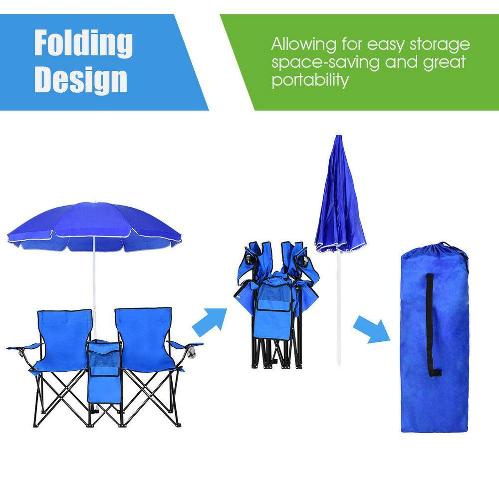Blue Double Folding Camping Chairs with Umbrella and Cooler
