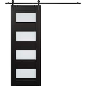 Della 28 in. x 80 in. 4-Lite Frosted Glass Black Matte Wood Composite Sliding Barn Door with Hardware Kit