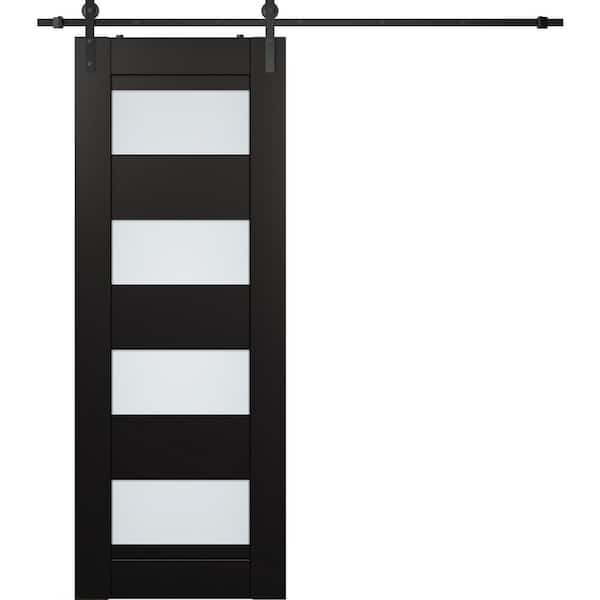 Della 18 in. x 96 in. 4-Lite Frosted Glass Black Matte Wood Composite Sliding Barn Door with Hardware Kit