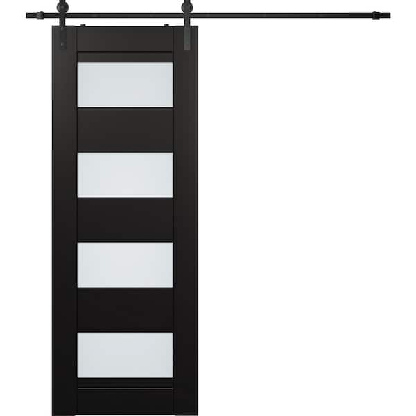 Della 36 in. x 96 in. 4-Lite Frosted Glass Black Matte Wood Composite Sliding Barn Door with Hardware Kit