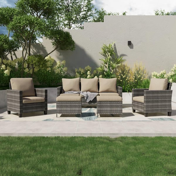 5-Piece Outdoor Patio Sets, Patio Sectional Furniture Gray PE Rattan Wicker Couch, Two Ottomans, Linen Flax Beige
