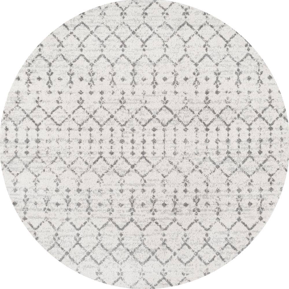 Vintage Moroccan Trellis 8' Round Gray Synthetic Area Rug