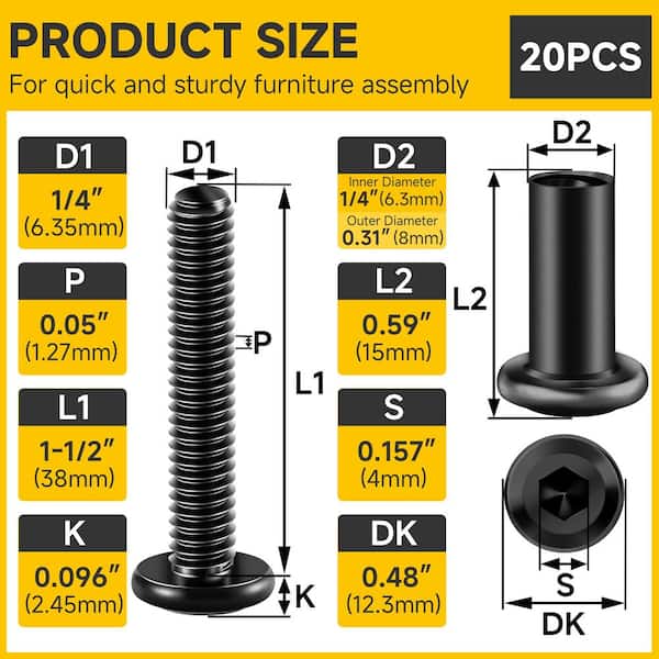 MYWISH 1/4 in.-20 x 1-1/2 in. Black Oxide Hex Button Head Socket