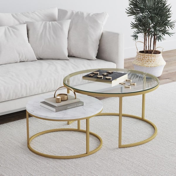 Nathan James Stella 2 Piece 32 In Faux, Marble And Glass Nesting Coffee Table