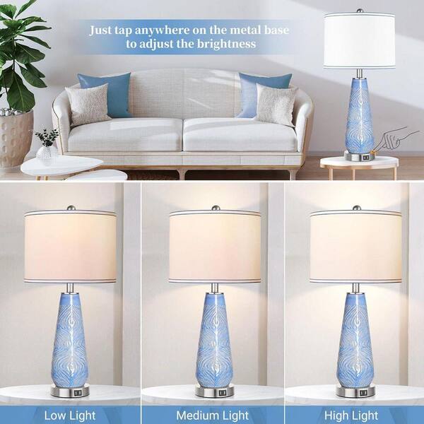 Jushua 27 in. H Blue Art Ceramic Bedside Lamps with Linen Shade