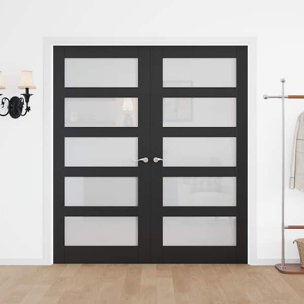 72 x 80 in. Universal 5-Lite Frosted Glass Black Solid Core Glass Assembly Required Double French Door with Jamb