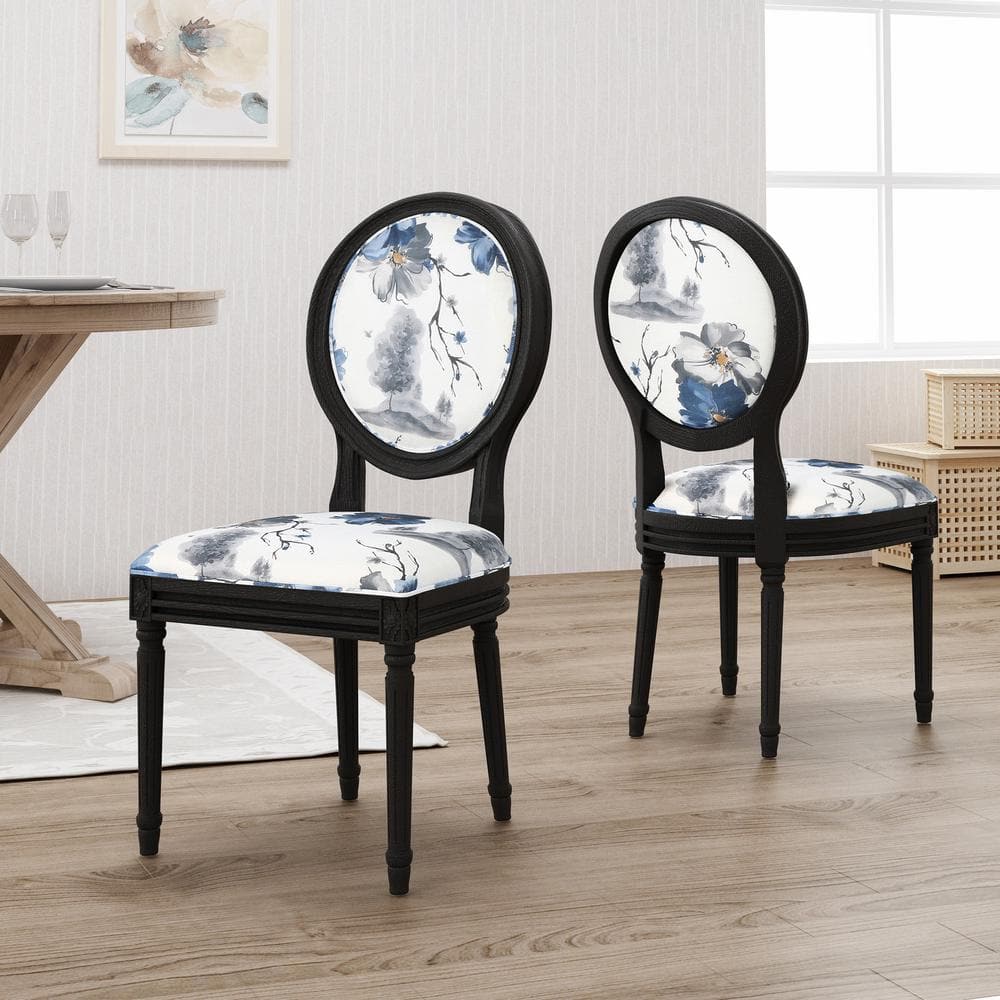 Elegant Noir High-Back Wood Side Chair with Floral Cushion, Set of 2