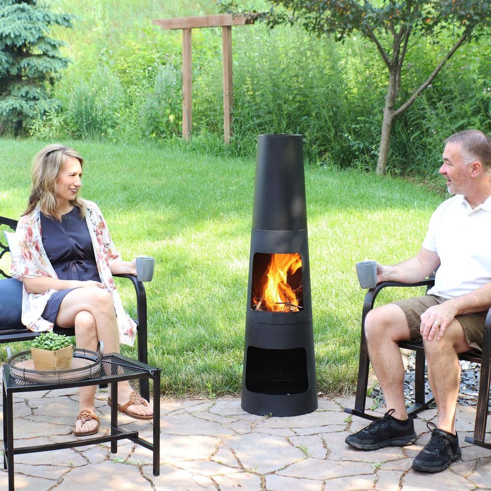 49-Inch Black Steel Wood-Burning Chiminea with Log Storage