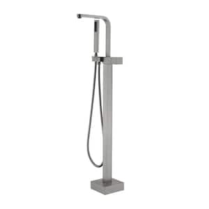 Single-Handle Freestanding Tub Faucet with Hand Shower Modern 1 Hole Brass Floor Mount Bathtub Fillers in Brushed Nickel