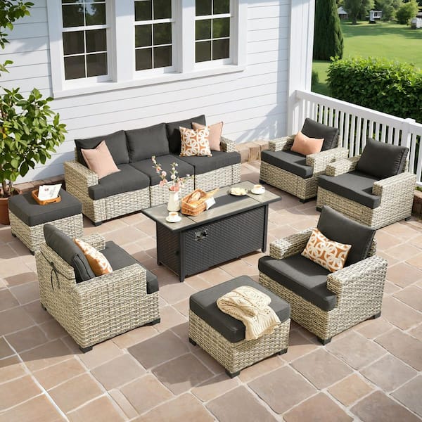 OVIOS Tiberty Gray 10-Piece Wicker Patio 54 in. Rectangle Fire Pit Conversation Set with Black Cushions