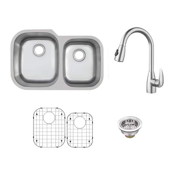 31.5 in. Undermount 60/40 Double Bowl 16-Gauge Stainless Steel Kitchen Sink with Pull Down Sprayer Kitchen Faucet